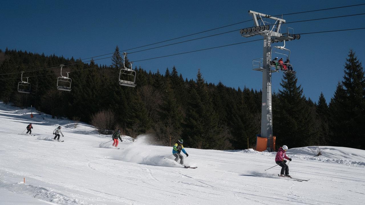 Skiers on a groomed Carpathian slope beside a chairlift and fir forest