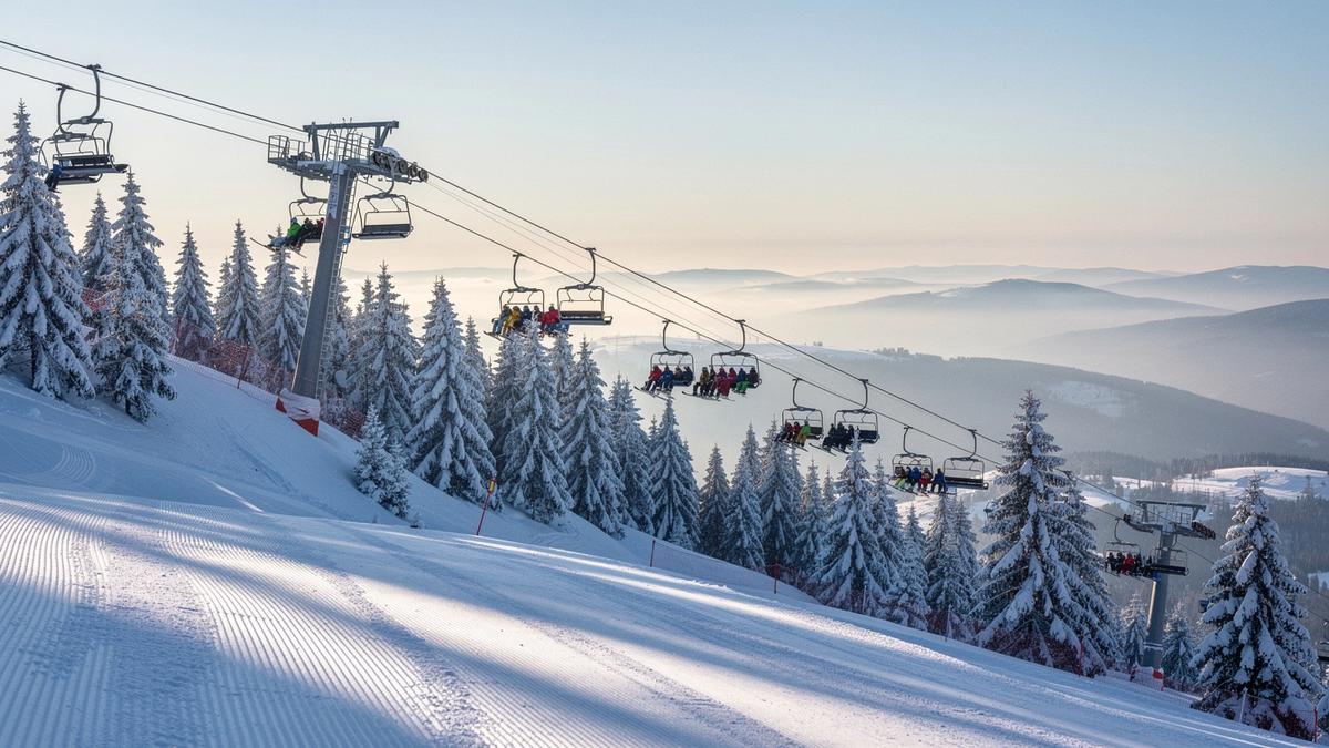 Chairlift rising over snow-covered spruce slopes at a Carpathian ski resort