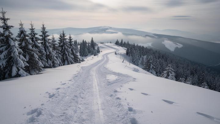 Deep snow on the high slopes around Dragobrat with a four-wheel-drive transfer road