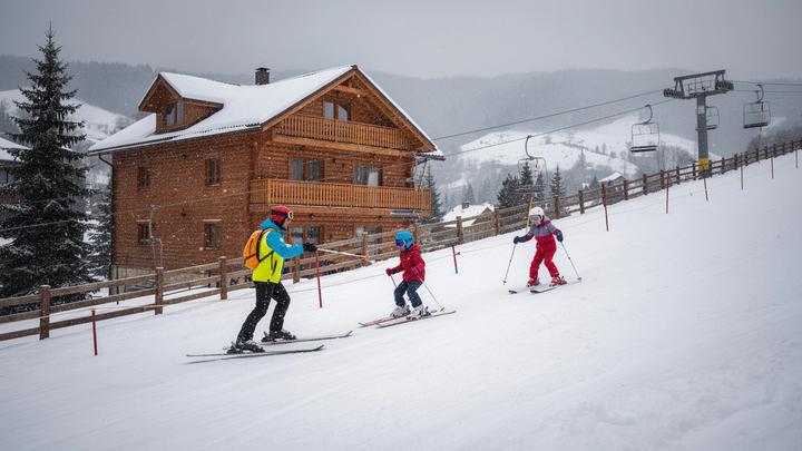 Gentle beginner slope beside a lodge in Slavske, Zakarpattia