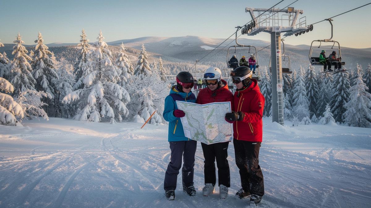 Three skiers reading a trail map beside a chairlift in the Carpathians on a clear winter morning
