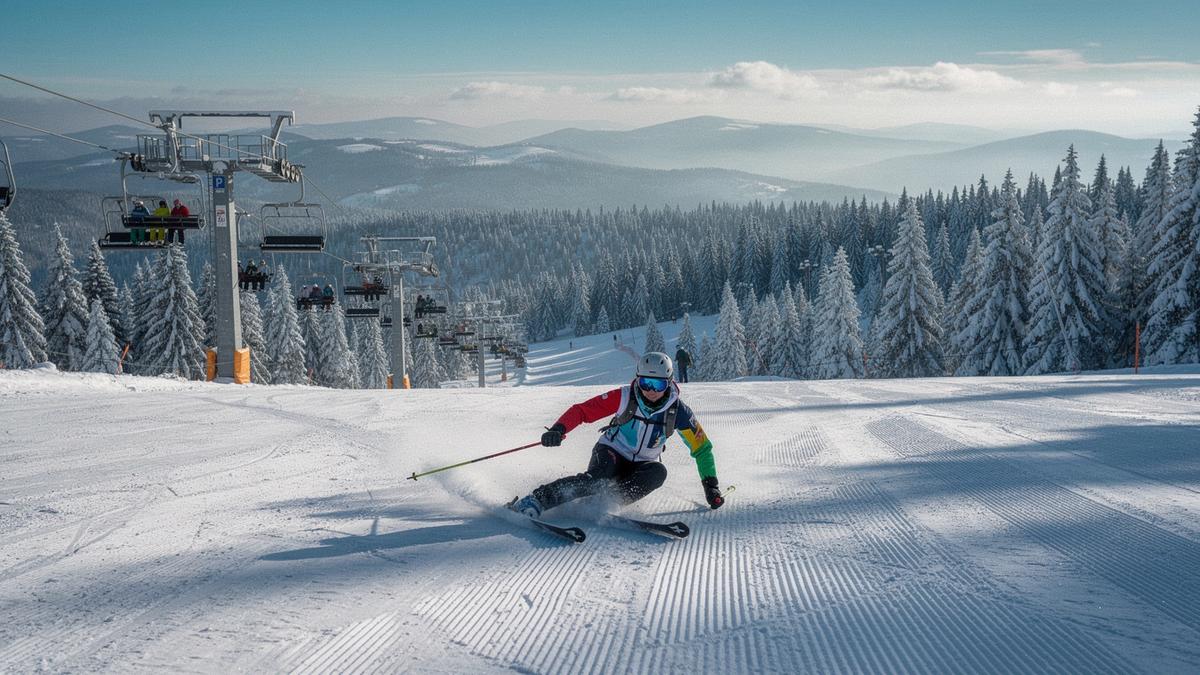Skier carving down a groomed slope with chairlifts and pine forest behind