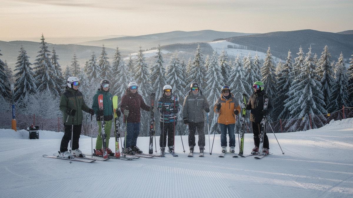 Group of skiers with rental equipment standing on a groomed slope in the Ukrainian Carpathians