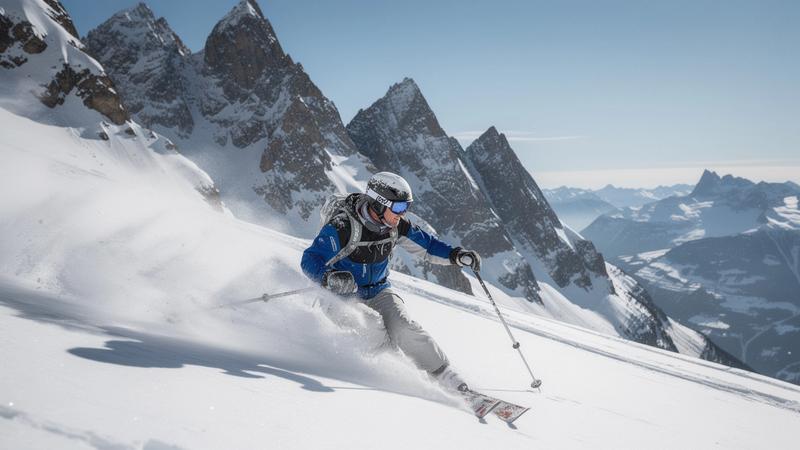 Skier carving through deep powder snow in the Austrian Alps