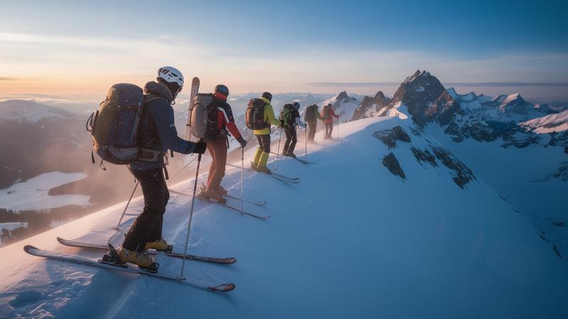 Backcountry ski touring group climbing a ridge with a mountain guide