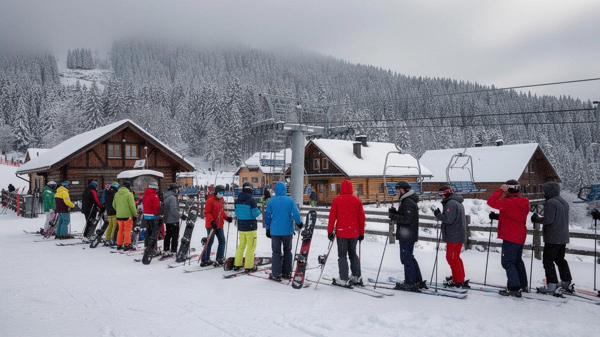 Chairlift queue at a Carpathian ski resort with wooden chalets and snowy spruce forest