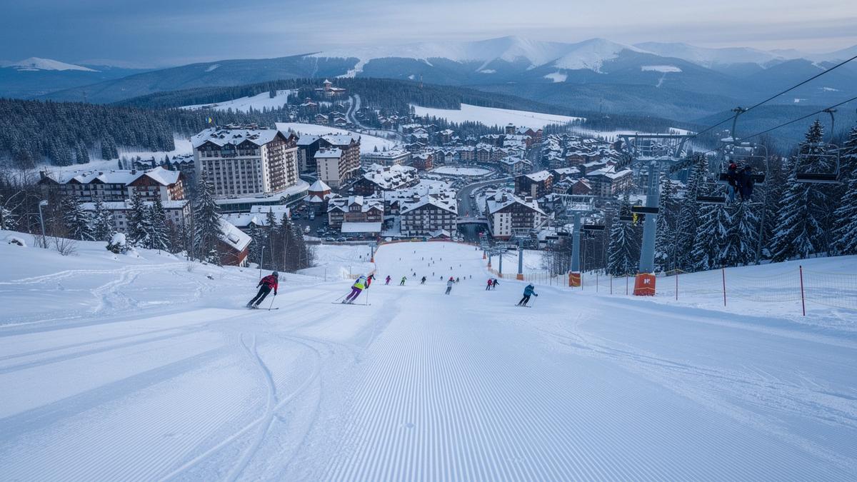 Wide groomed ski slope and chairlift at Bukovel in the Ukrainian Carpathians