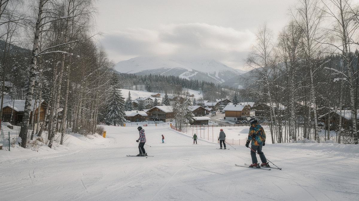 Gentle beginner slope with birch trees at Slavske ski resort