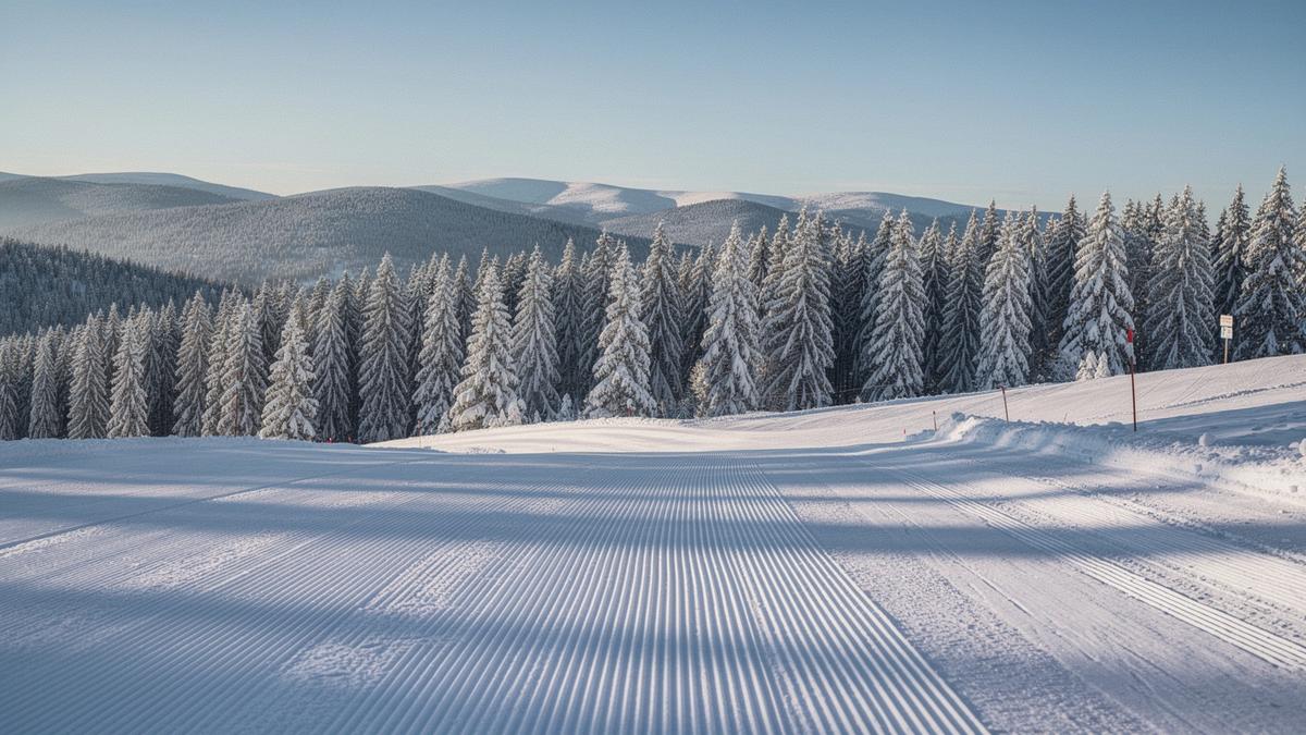 Groomed piste and snow-covered Carpathian ridge under a clear winter sky