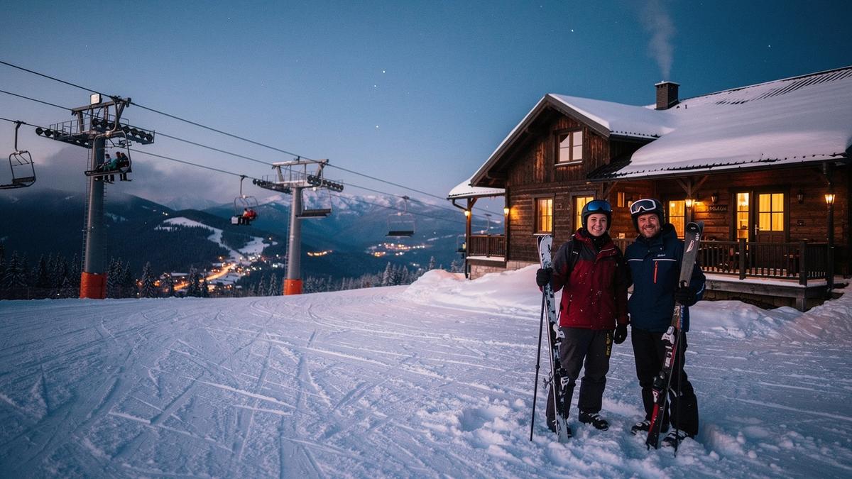 Guests with skis beside a lit ski lift and a wooden chalet at a Carpathian resort in winter